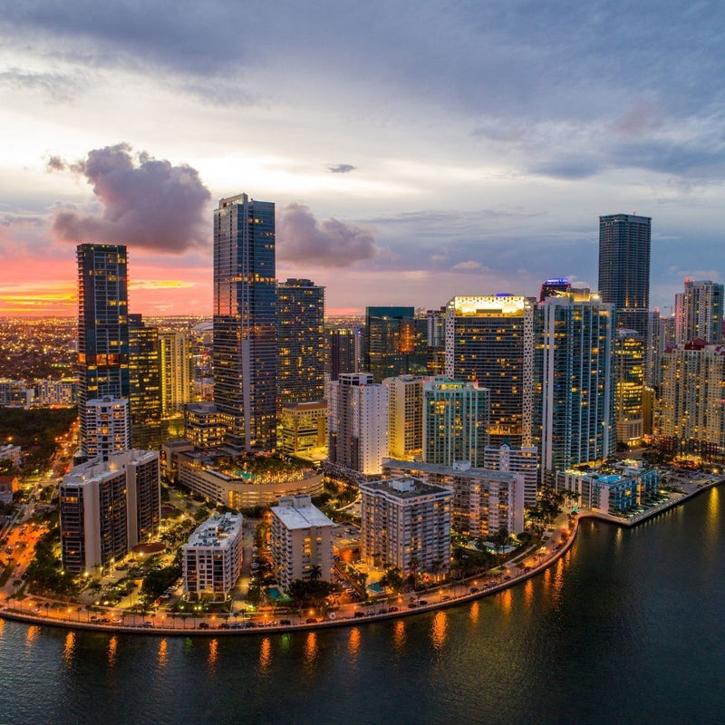 Miami, Florida skyline at sunset.