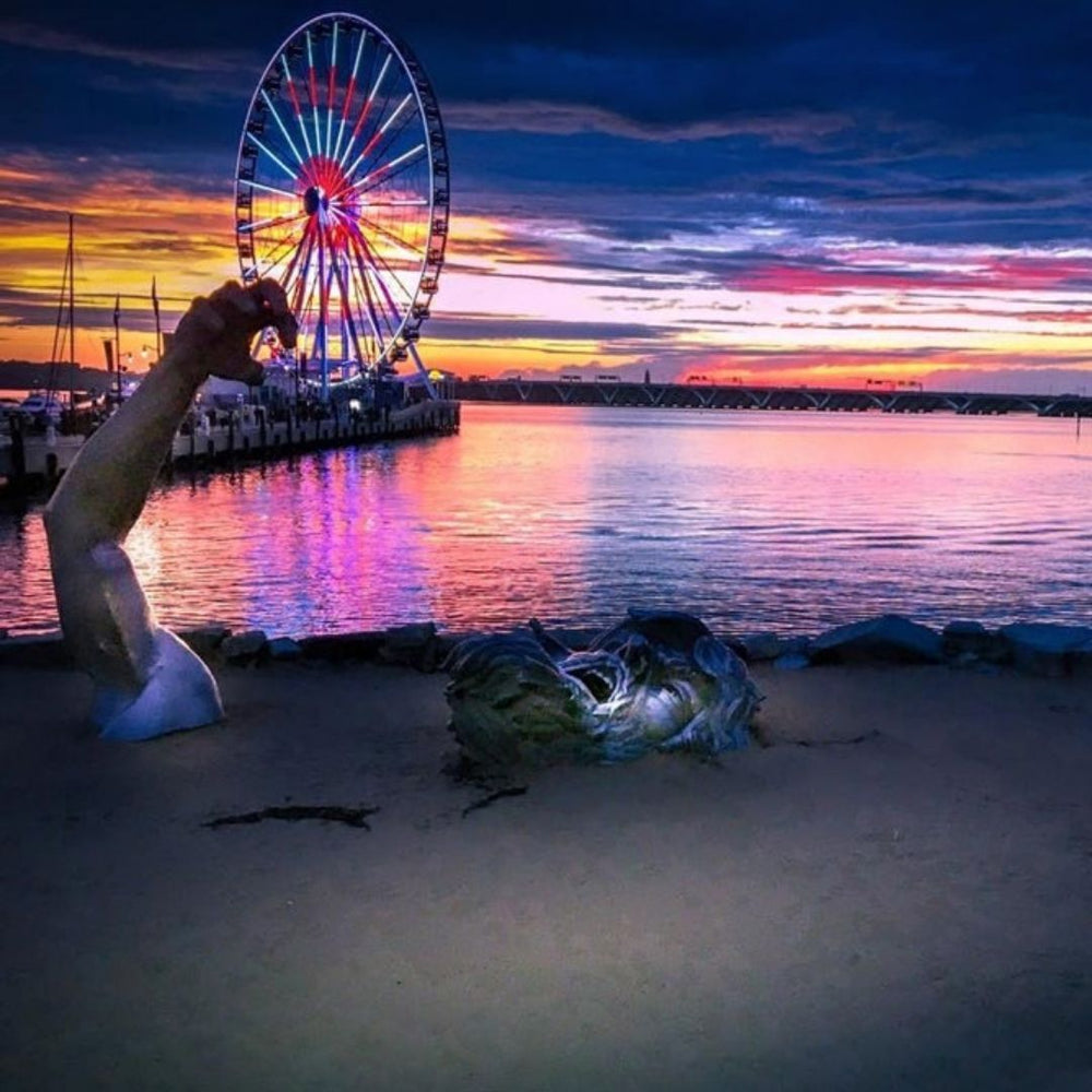 The Capital Wheel and Awakening Statue at sunset in the National Habor, Maryland.